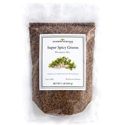 Rainbow Heirloom Seed Co. Super Spicy Greens seed mix pack, ready for planting with bold flavor.