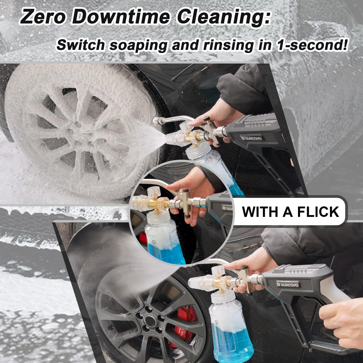 Raincovo foam cannon density control knob highlights customizable foam for various surfaces.