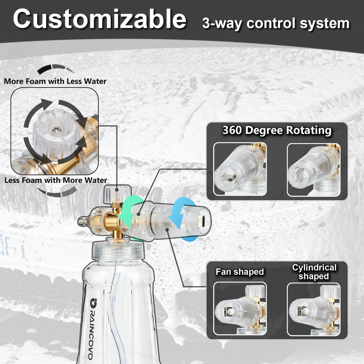 Raincovo foam cannon quick-connect ensures secure attachment to most pressure washers.