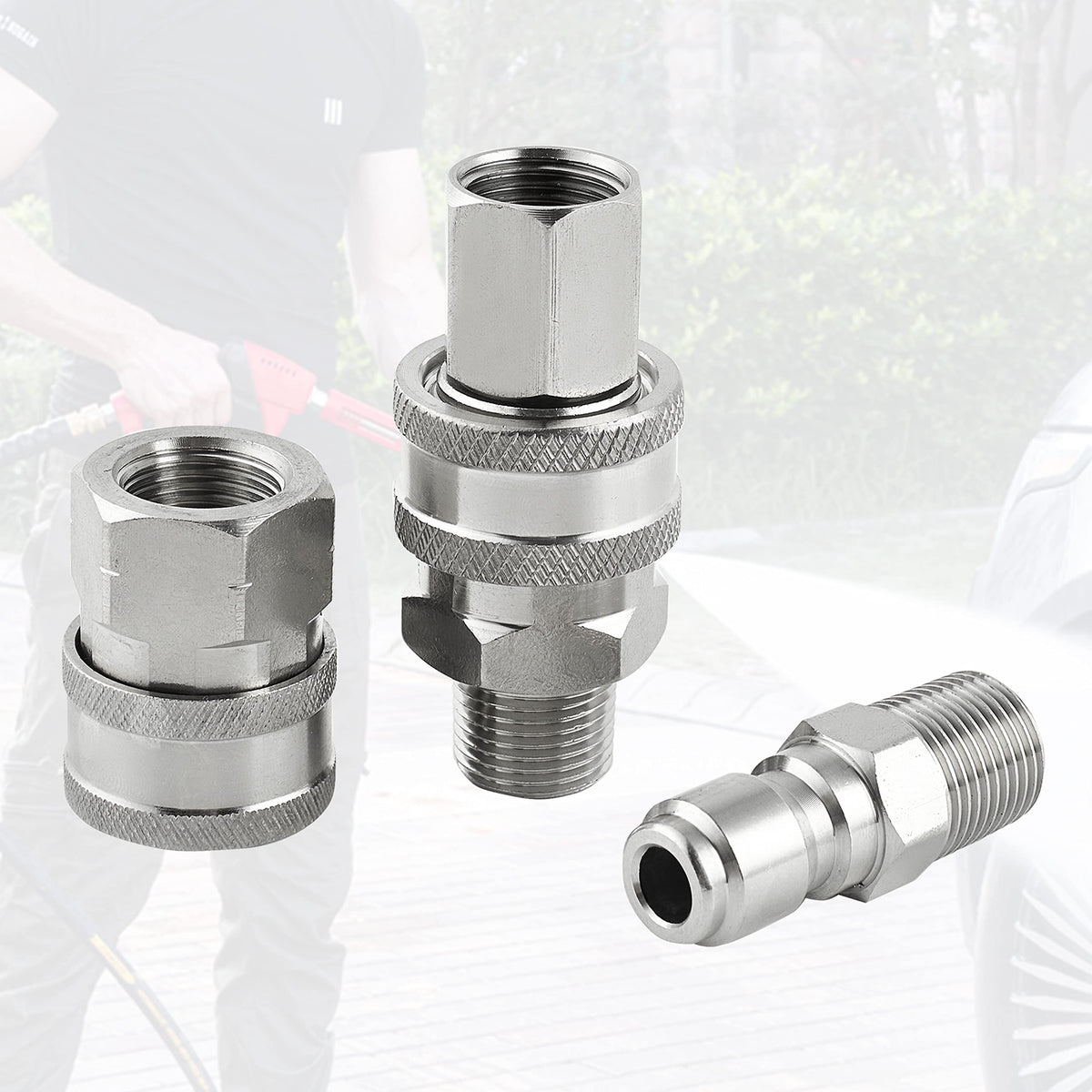 Raincovo four-piece adapter set ready for high PSI cleaning tasks.