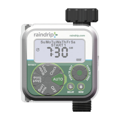 Raindrip digital timer front view showing easy controls for precise watering
