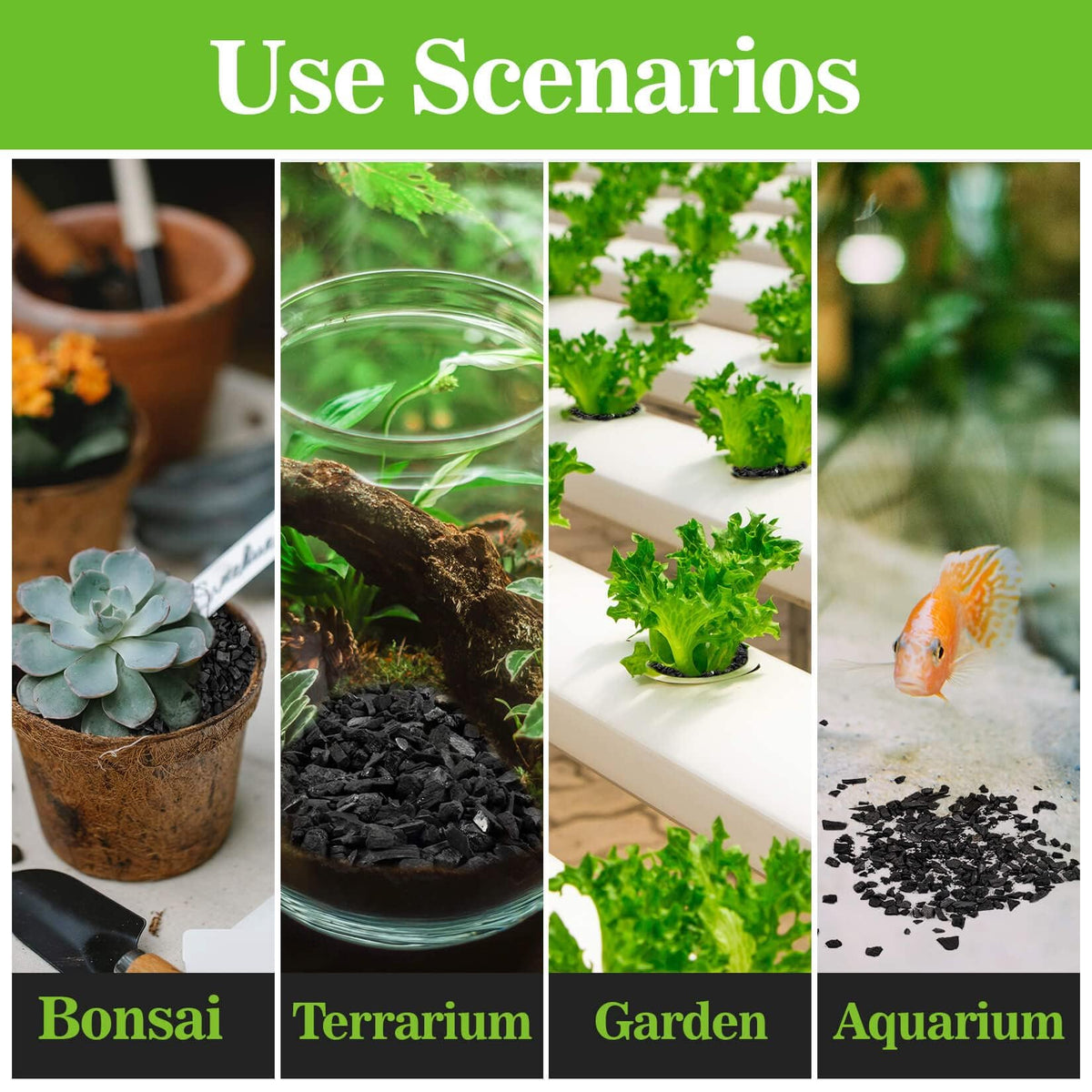 RAINFLOW 3-5mm charcoal pieces evenly cover soil surface