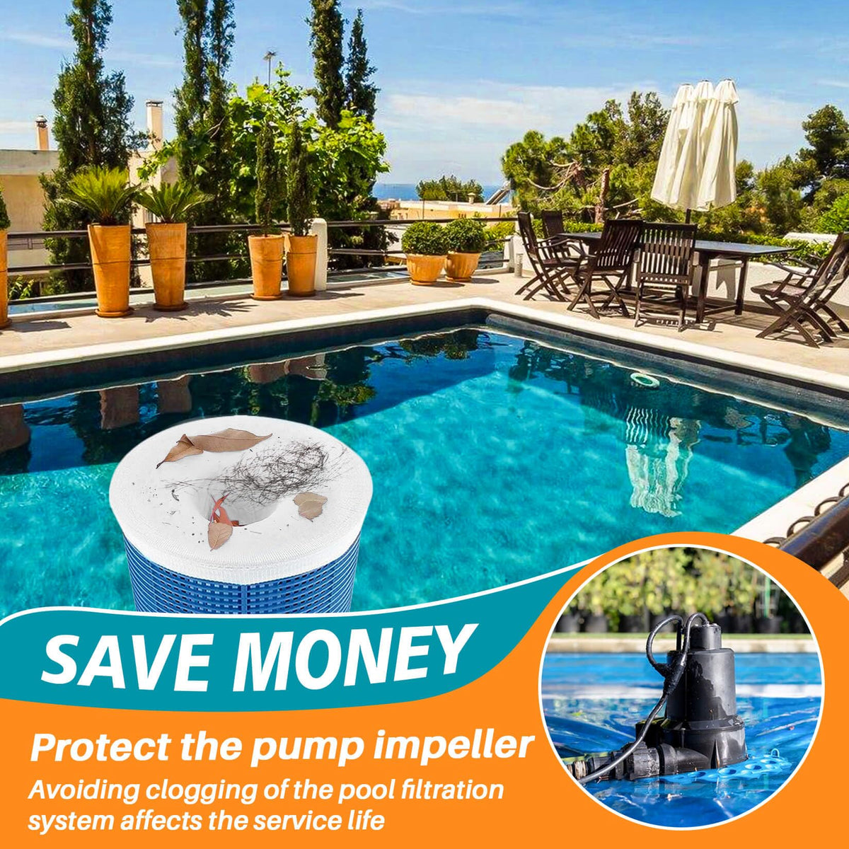Skimmer socks trap leaves, pollen, insect debris for cleaner pool water.