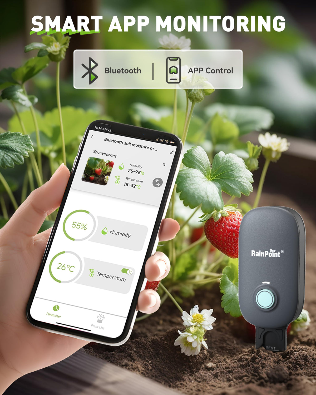 RAINPOINT app dashboard shows real-time moisture and temperature for plant care