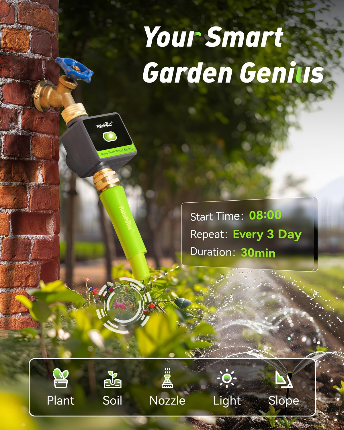 RAINPOINT auto-scheduling shows monthly adjustments and smart recommendations for plant-friendly watering.