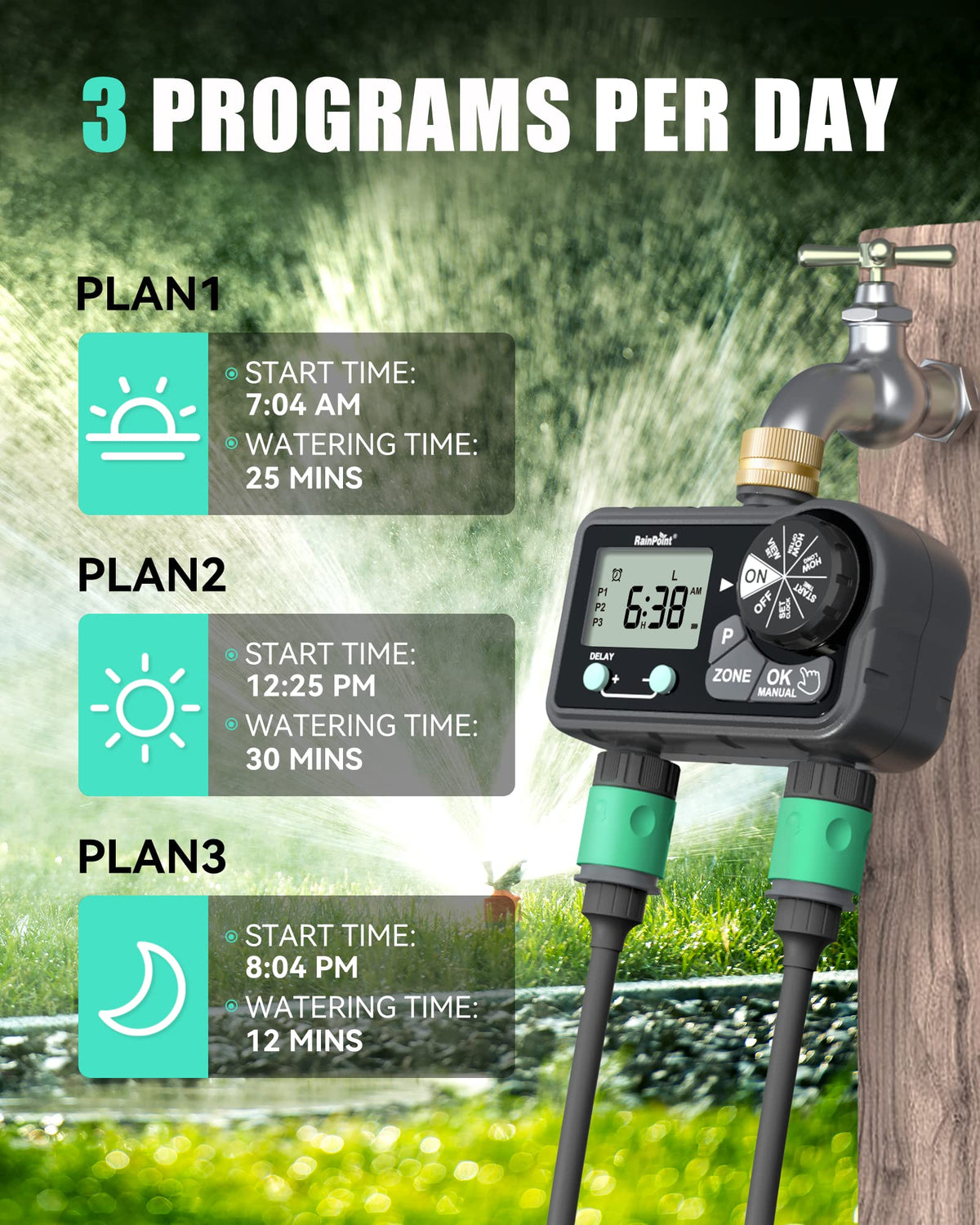 RAINPOINT brass sprinkler timer shows digital display for easy setup