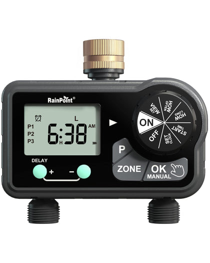 RAINPOINT brass sprinkler timer 2-station front view for dual outlets