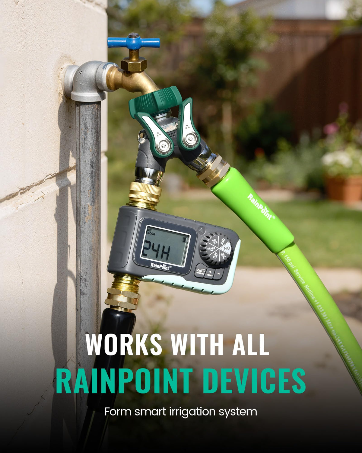 RAINPOINT fixture supports car washing and pet care with steady water flow.