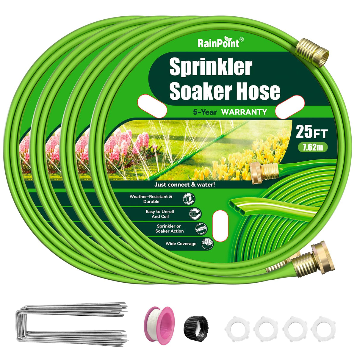 RAINPOINT flat soaker hose for 100 ft garden beds delivers even irrigation