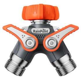RAINPOINT garden hose splitter assembly shows sturdy metal body for durable outdoor use