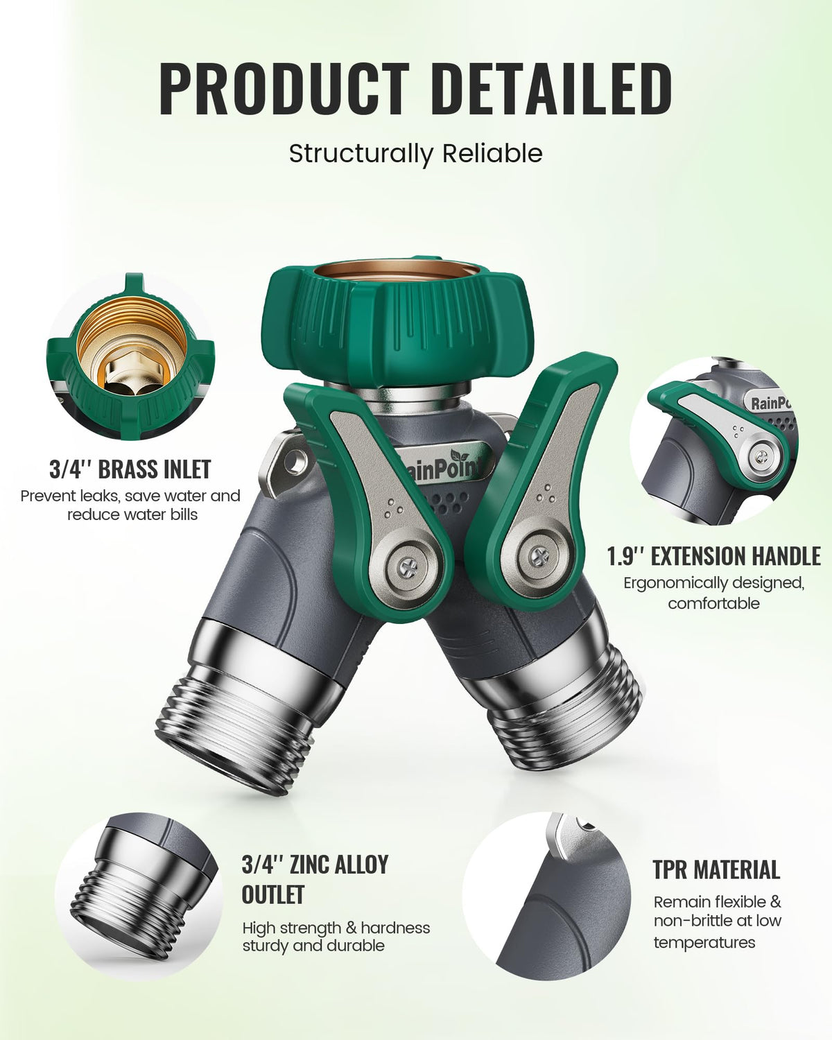 RAINPOINT hose splitter with leak-proof brass threads demonstrates secure connections.
