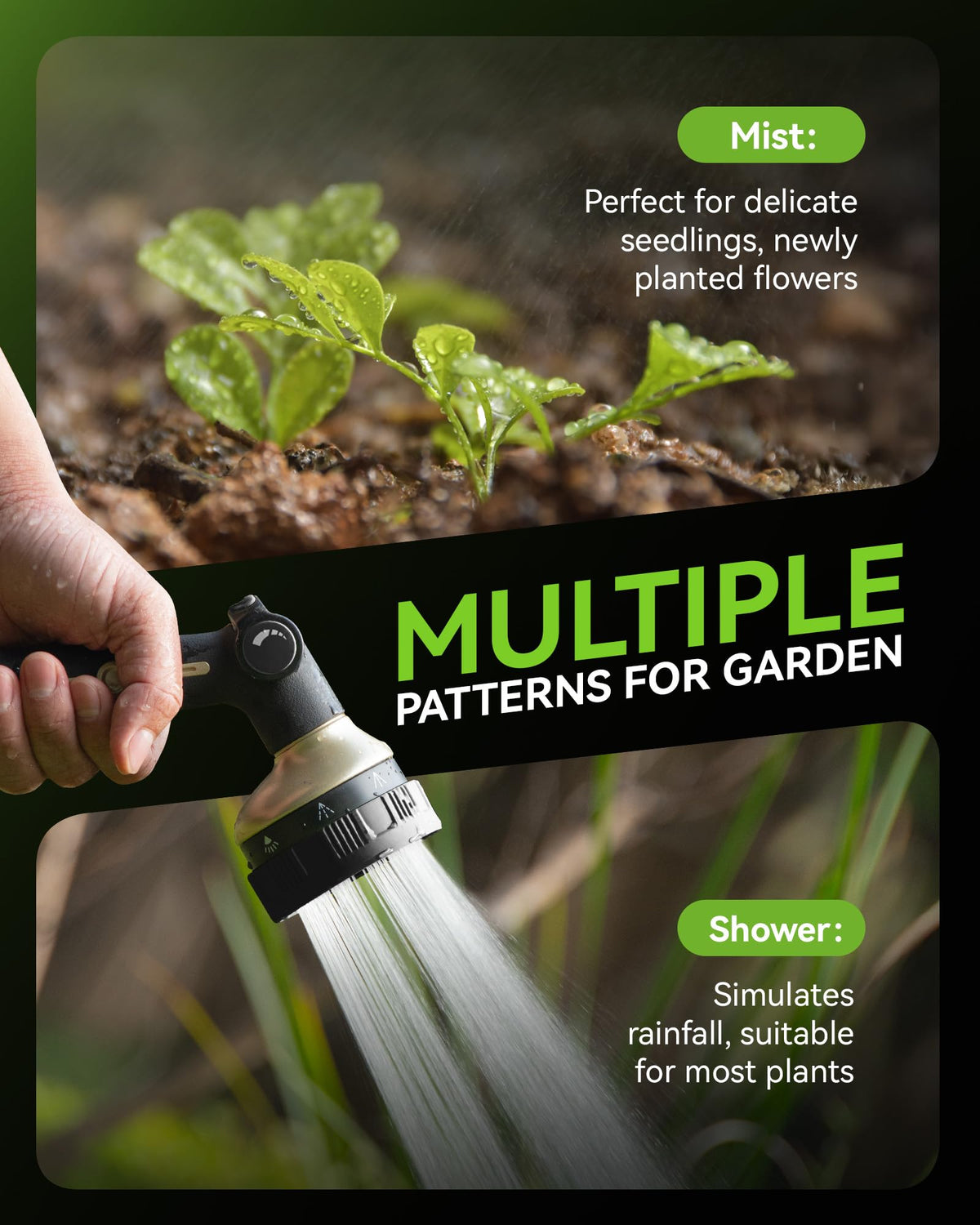 Rainpoint hose sprayer cone spray wide, soft distribution for seedlings