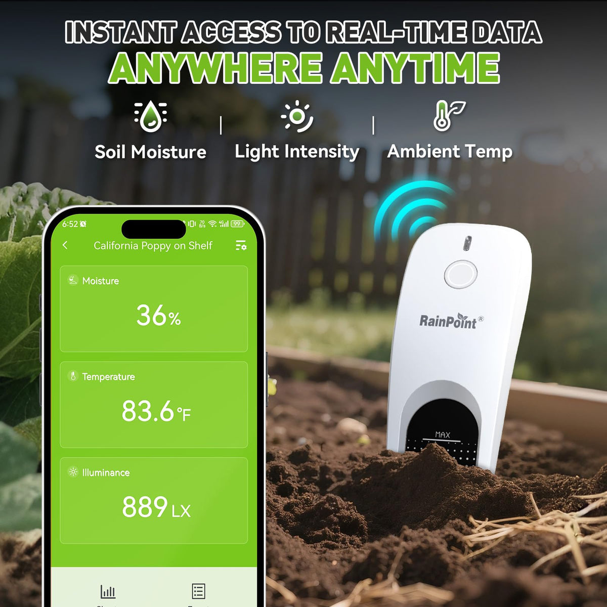 RainPoint light intensity sensor tracks sun exposure for optimal placement.