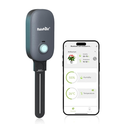 RAINPOINT sensor in soil provides real-time moisture data for precise watering decisions