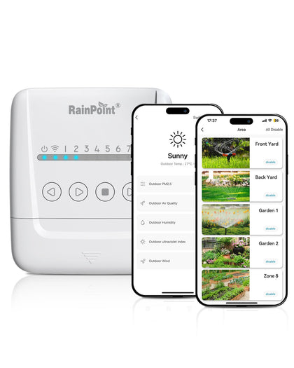 RAINPOINT smart sprinkler controller front view highlights quick setup and efficiency.