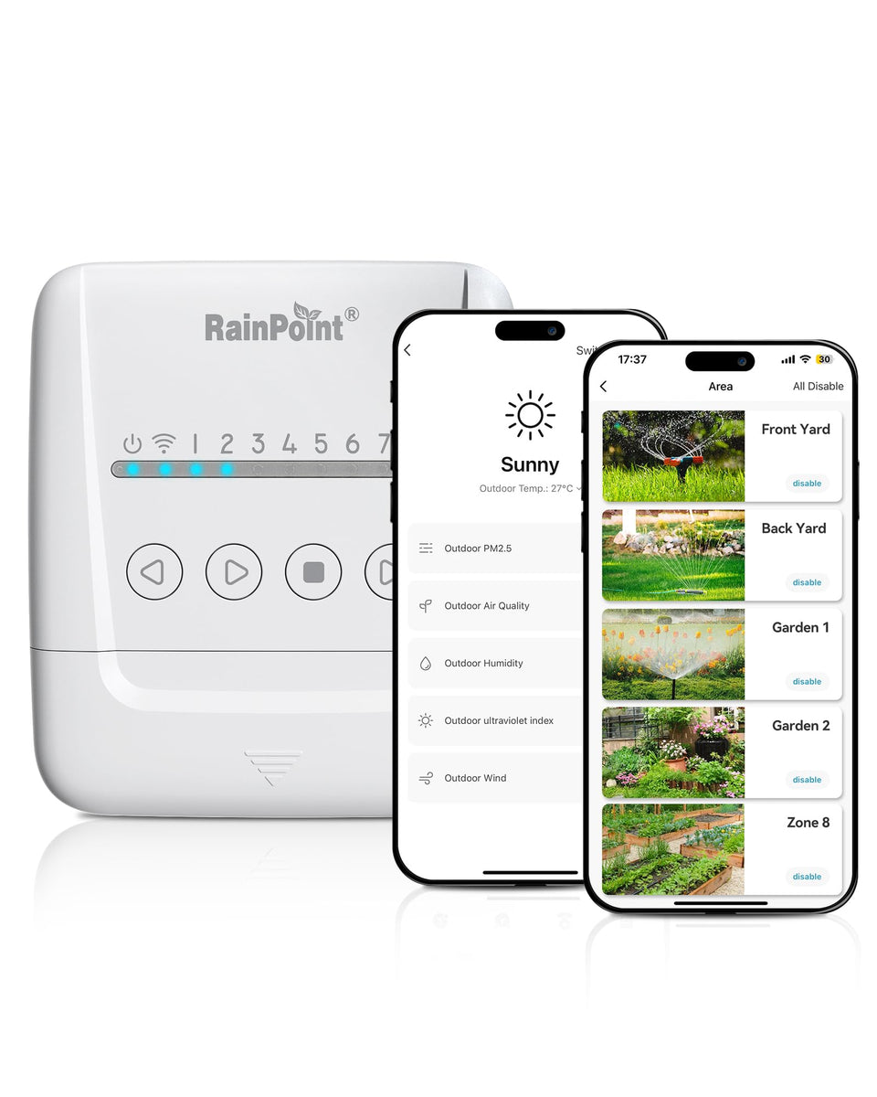RAINPOINT smart sprinkler controller front view highlights quick setup and efficiency.