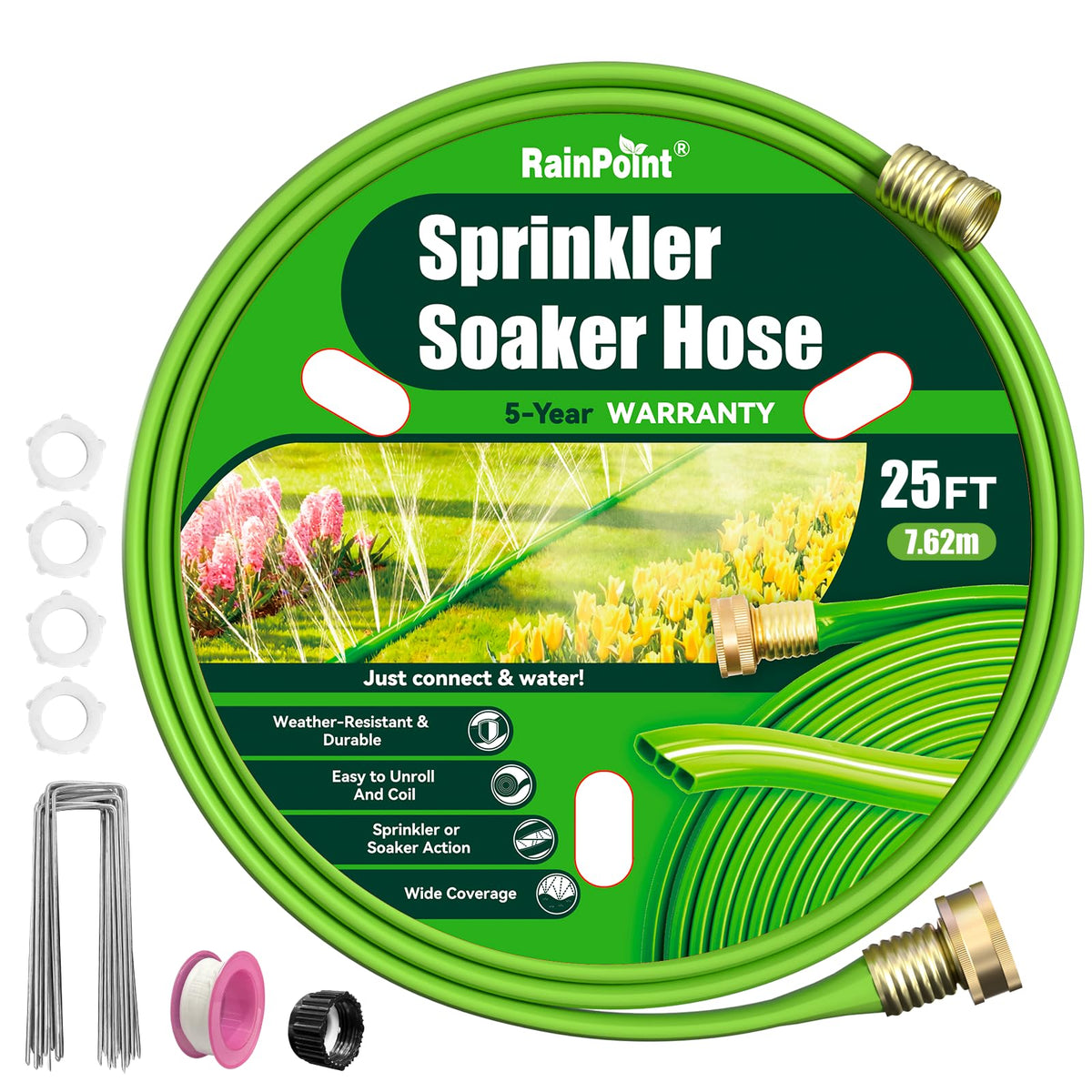 RAINPOINT flat soaker 25ft hose delivers even garden irrigation across beds