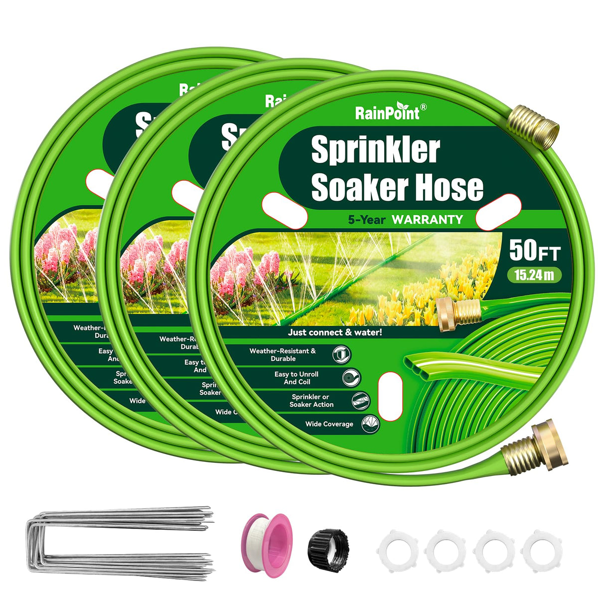 RAINPOINT sprinkler hose kit laid out with stakes for precise irrigation in the garden.
