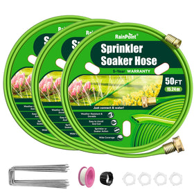 RAINPOINT sprinkler hose kit laid out with stakes for precise irrigation in the garden.
