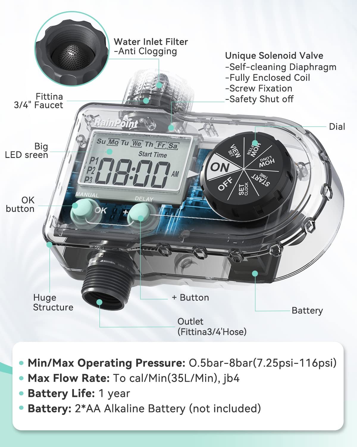 RAINPOINT Sprinkler Timer 360-degree inlet feature enables versatile faucet alignment