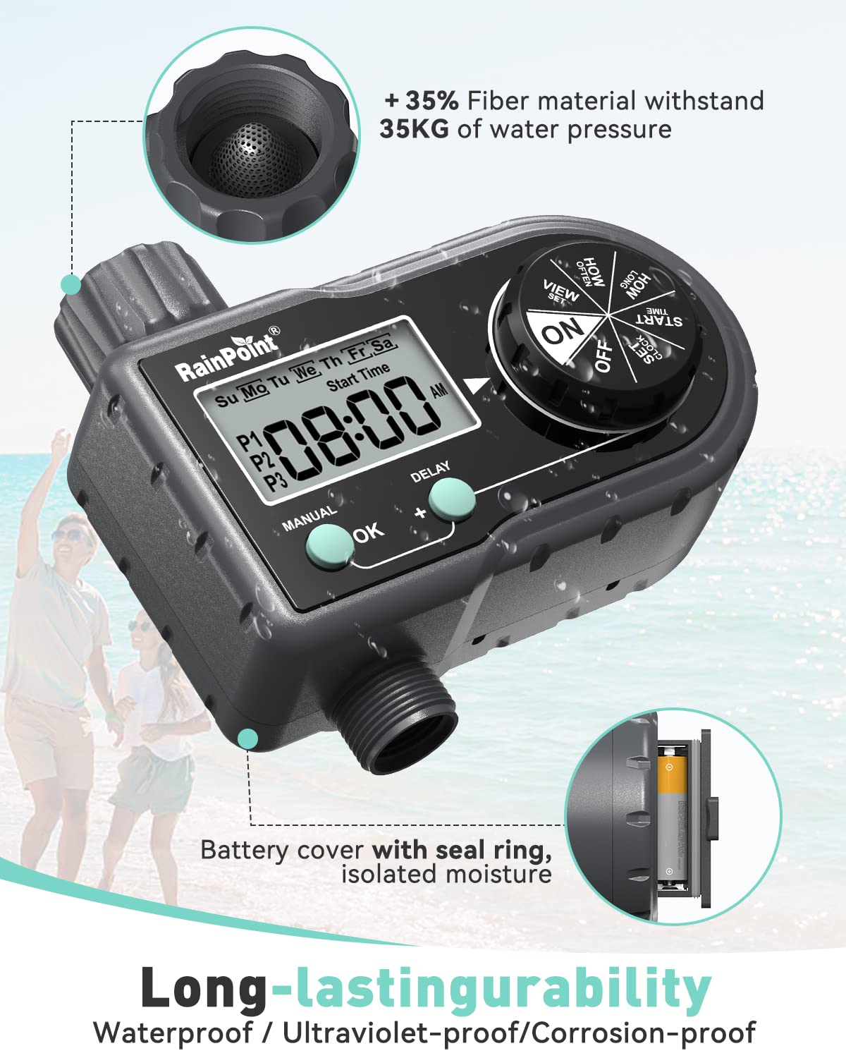 RAINPOINT Sprinkler Timer battery compartment illustrates long-lasting operation with AA batteries