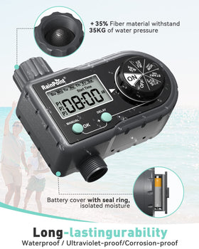 RAINPOINT Sprinkler Timer battery compartment illustrates long-lasting operation with AA batteries