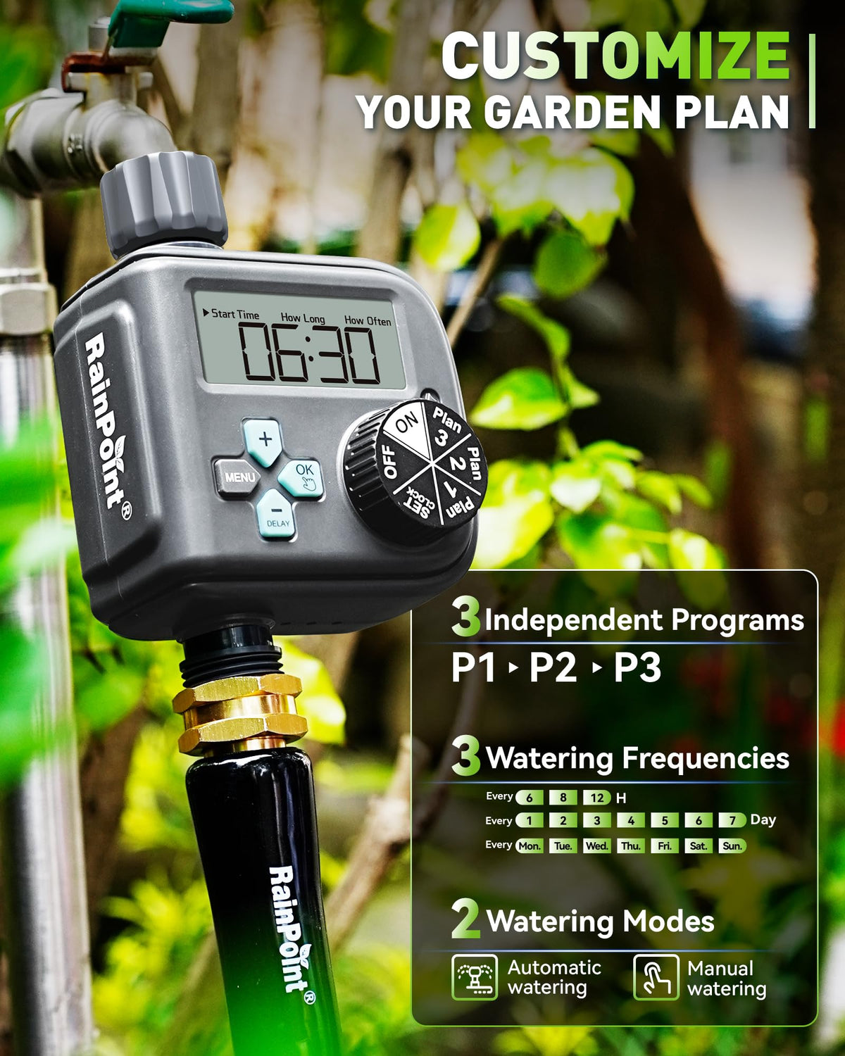 RAINPOINT Sprinkler Timer brass inlet ensures durable, leak-proof connection