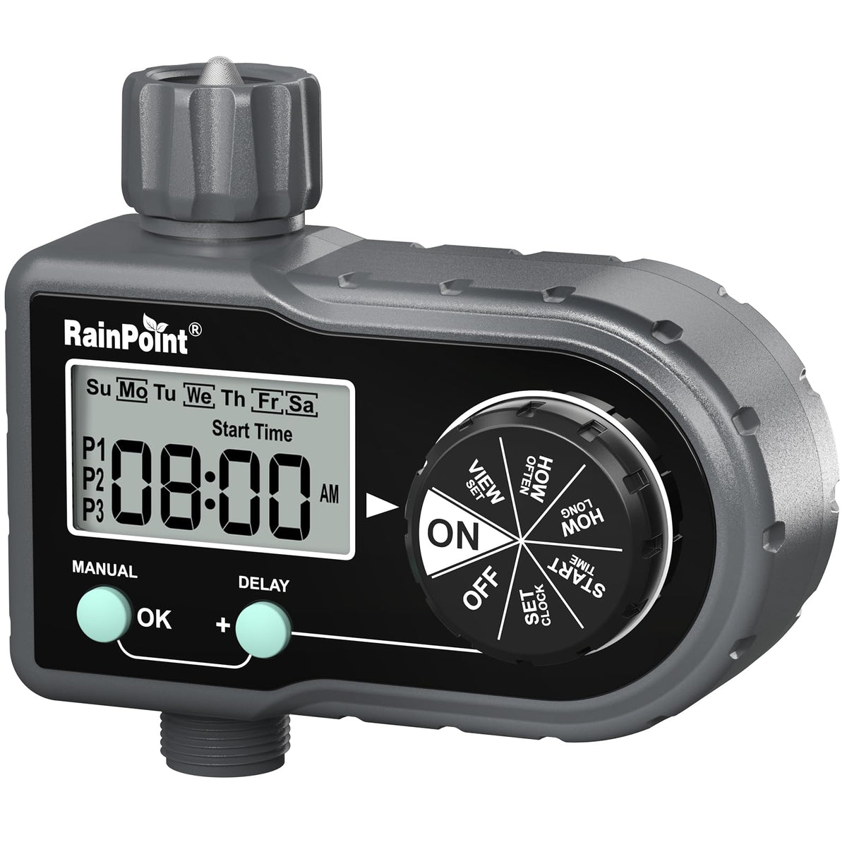 RAINPOINT Sprinkler Timer front view demonstrates a durable outdoor irrigation companion for lawns