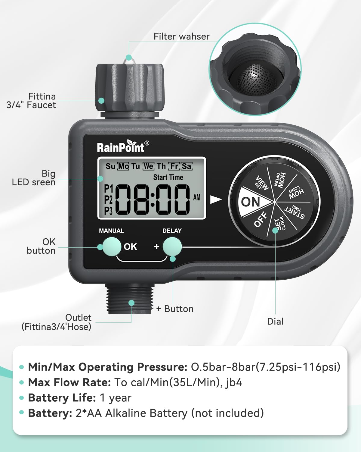 RAINPOINT Sprinkler Timer can be installed easily on standard outdoor faucets