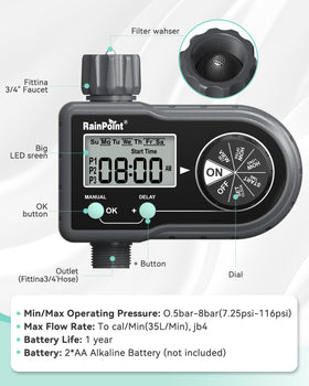 RAINPOINT Sprinkler Timer can be installed easily on standard outdoor faucets