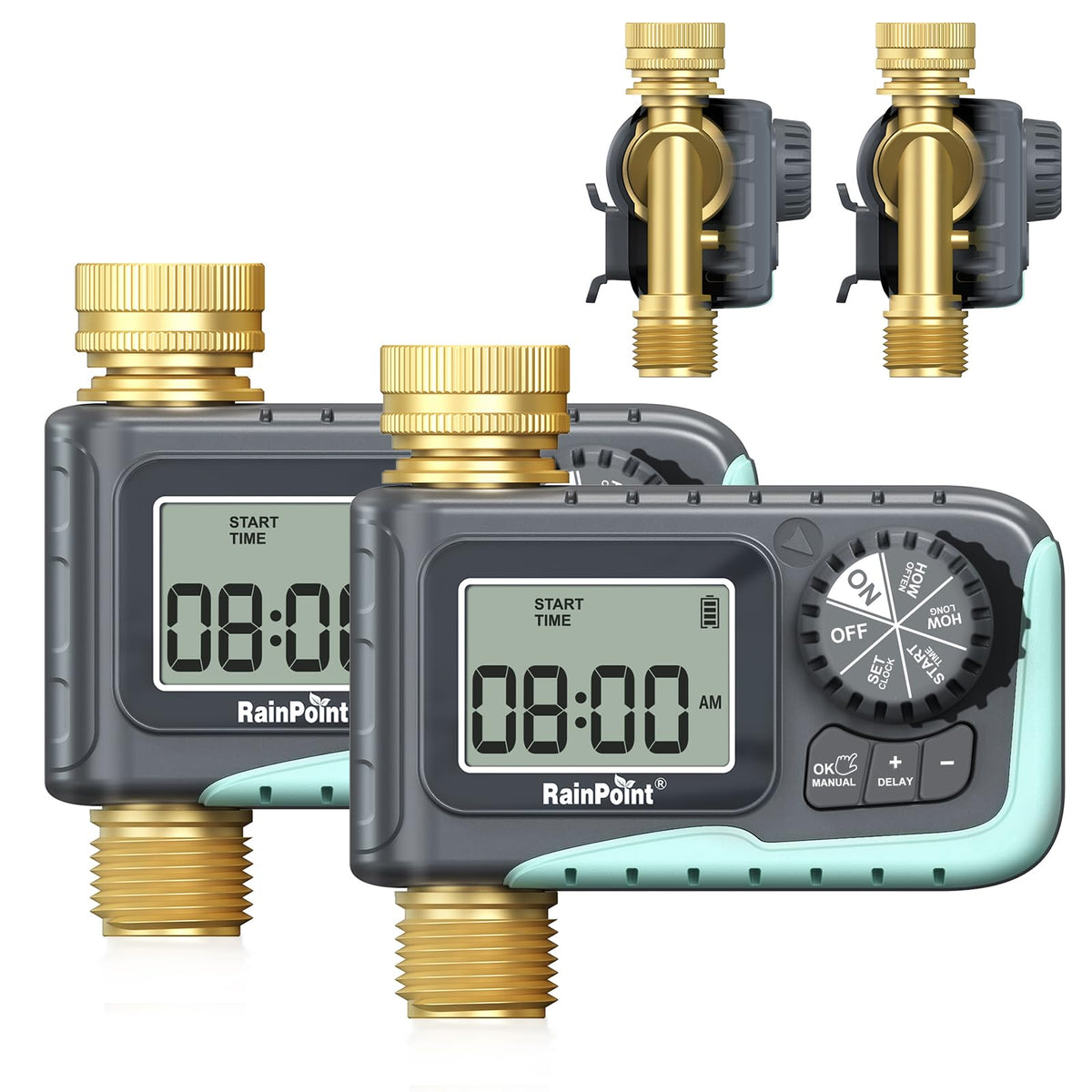 RAINPOINT sprinkler timer with metal pipe for durable outdoor watering control.