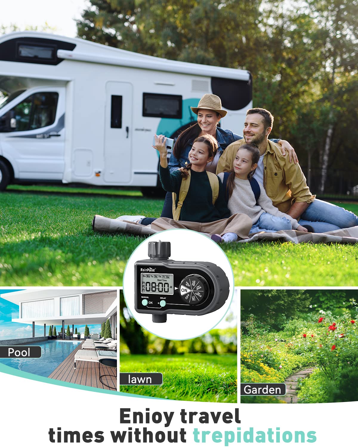 RAINPOINT Sprinkler Timer robust shell demonstrates outdoor readiness against wind and rain