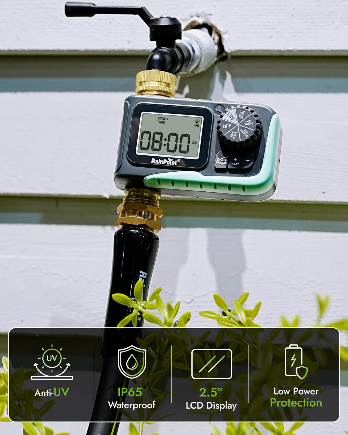 RAINPOINT irrigation timer supports flexible schedules from hours to days.