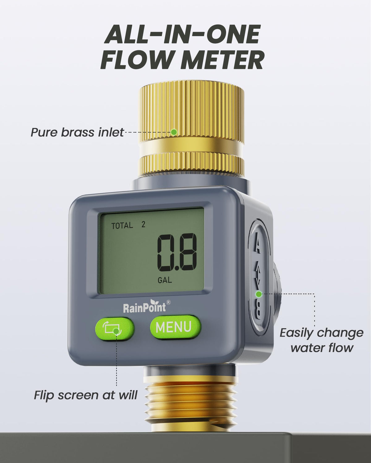 RAINPOINT meter shows 180-degree screen flip for easy viewing