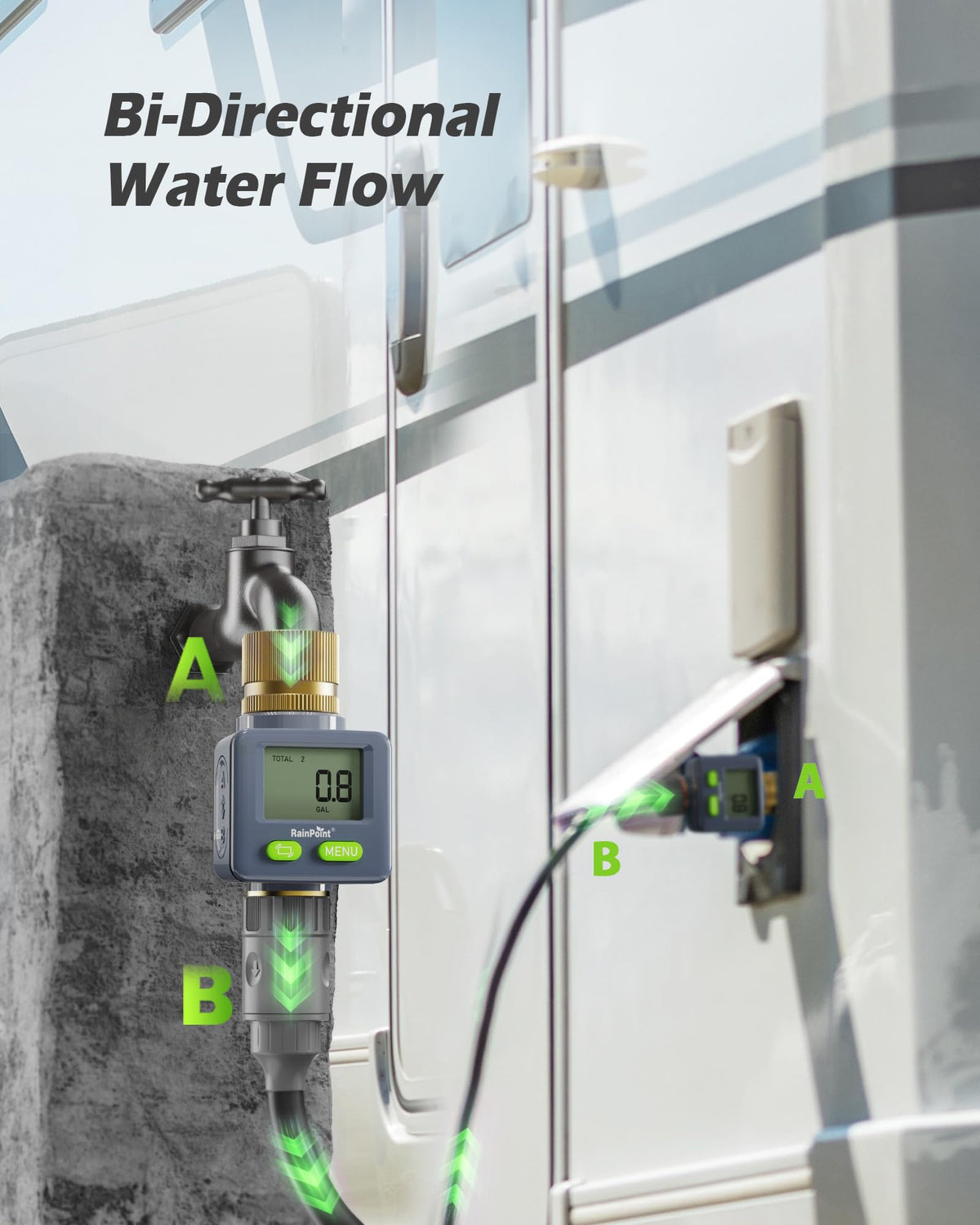 RAINPOINT LCD display provides clear gallon or liter readings