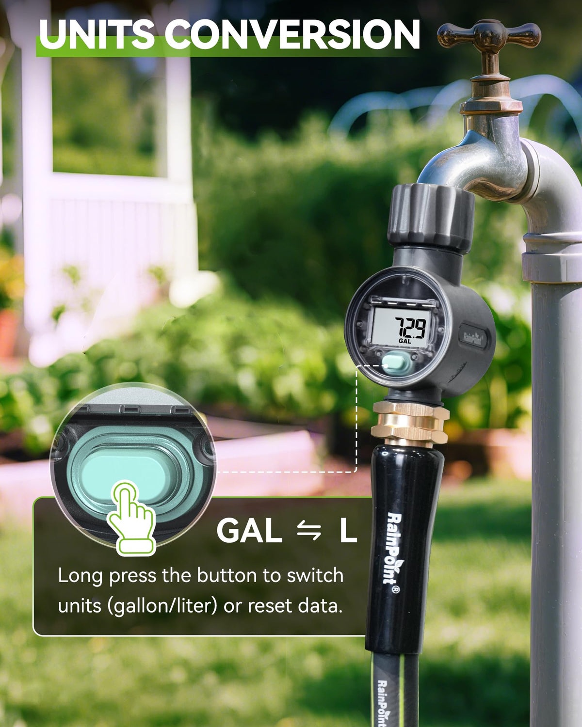 RAINPOINT IPX6 rating highlights outdoor reliability and rain resistance.