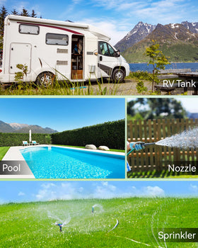 RAINPOINT outlet compatibility supports garden hoses, sprinklers, and RV top-ups.