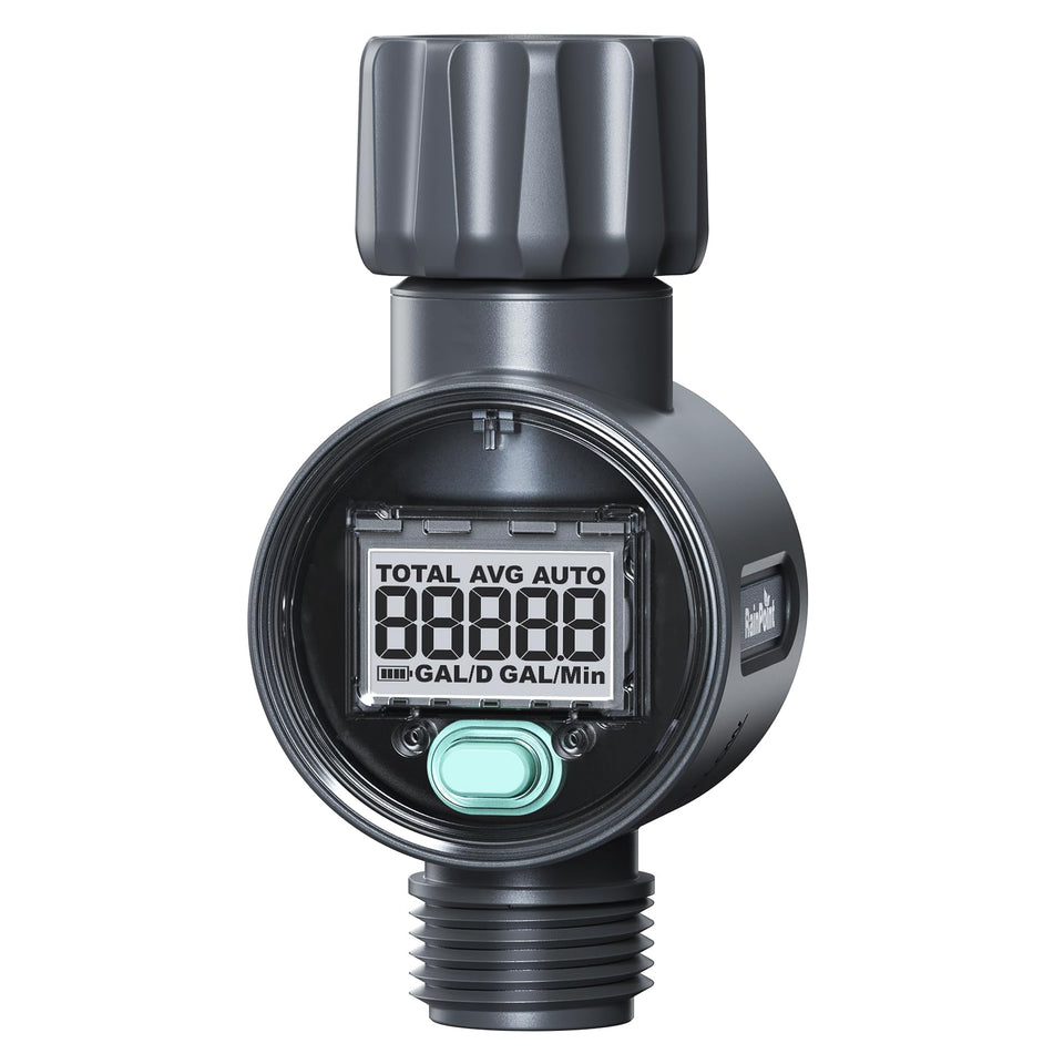 RAINPOINT water flow meter outlet with quick adapter enables universal hose compatibility.