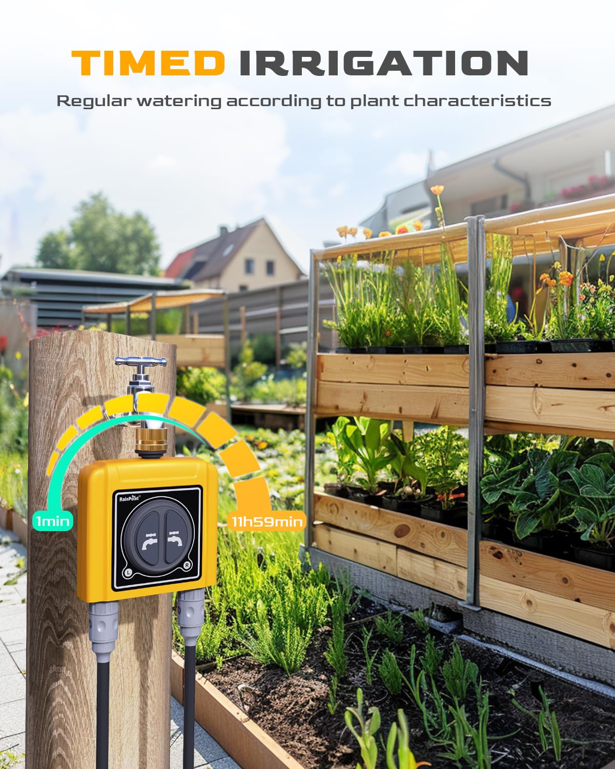 Weather-based watering adjusts schedules to forecasted conditions.