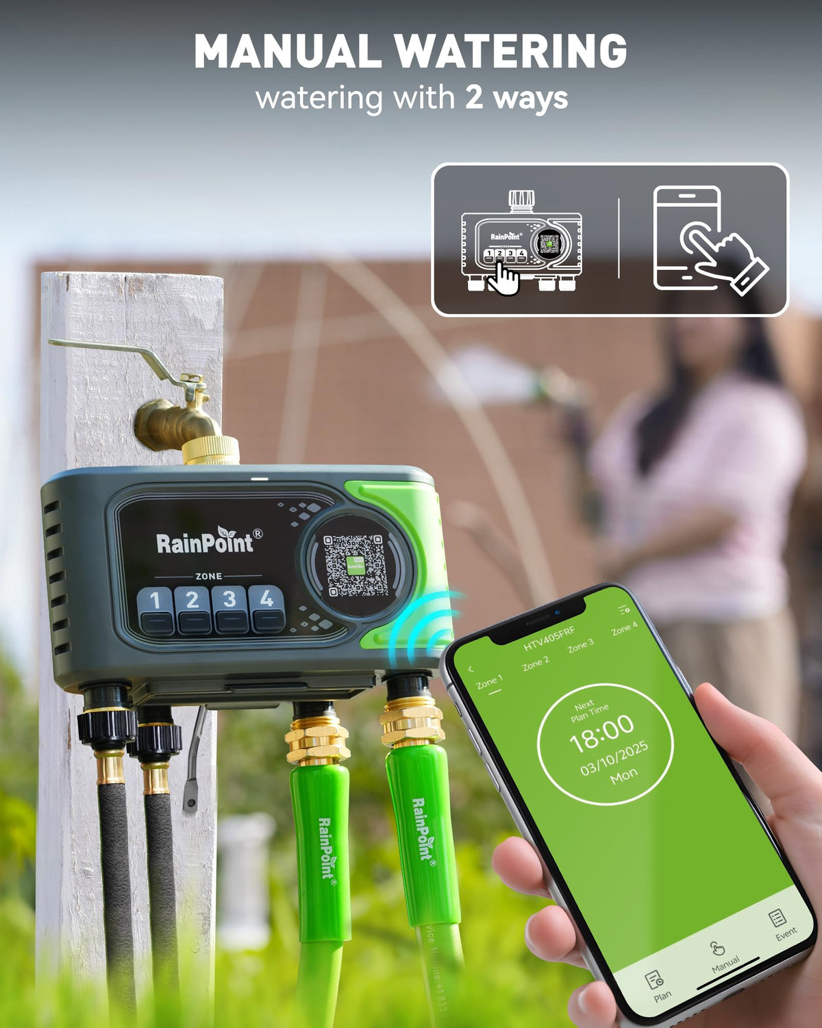rainpoint wifi sprinkler timer voice control interaction illustrates hands-free operation.