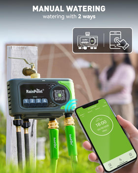 rainpoint wifi sprinkler timer voice control interaction illustrates hands-free operation.