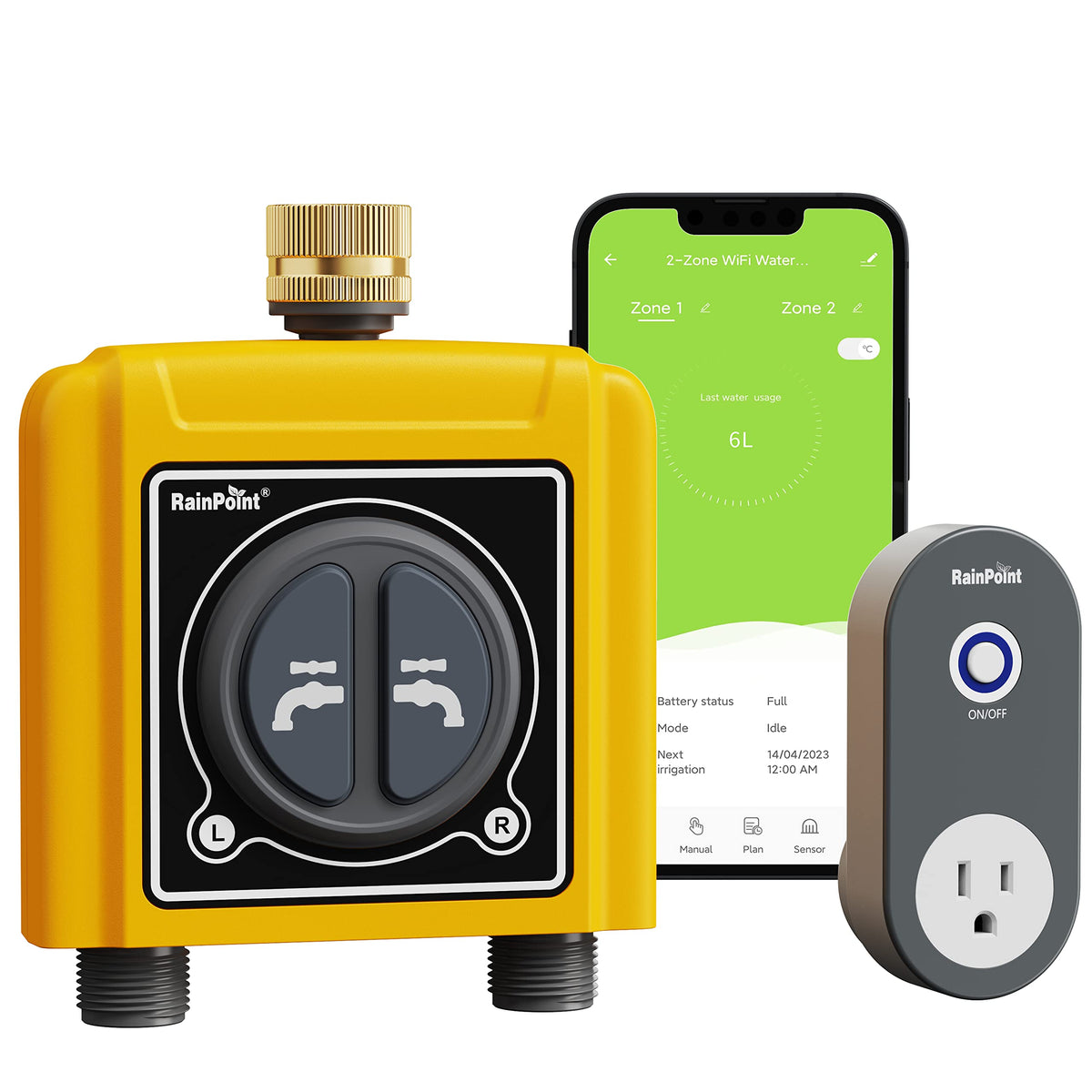 RAINPOINT WiFi timer with brass inlet for durable irrigation connections.