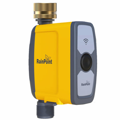RAINPOINT WiFi water timer close-up shows brass inlet for durable irrigation.
