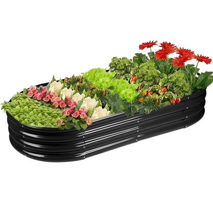 Rakukiri oval raised garden bed front view showing durable galvanized steel.