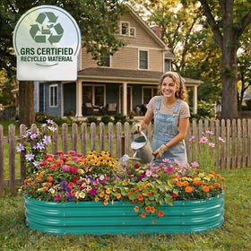 Rakukiri raised garden bed brown finish blends with garden surroundings.