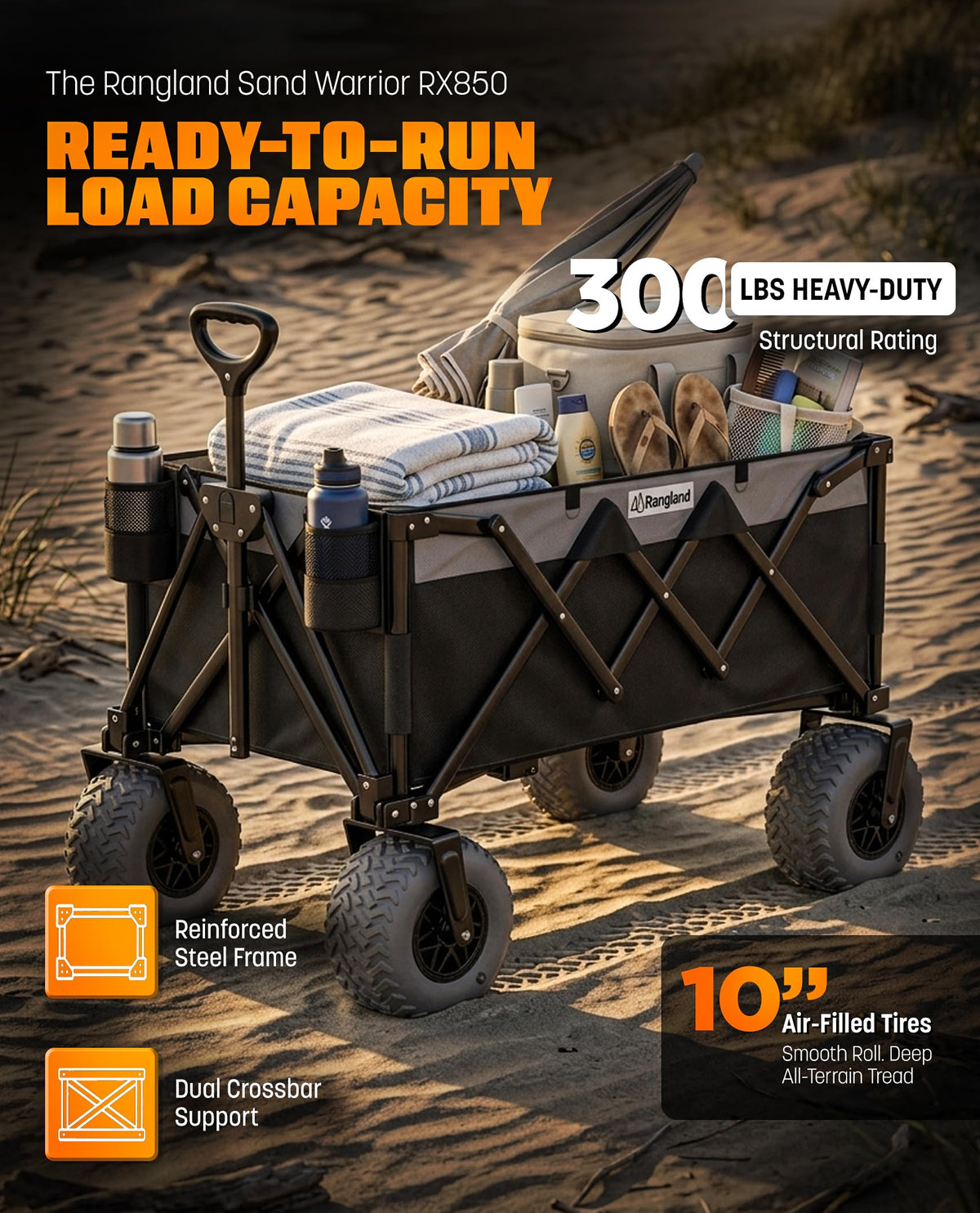 RANGLAND RX850 all-terrain traction with deep-tread tires for varied surfaces.