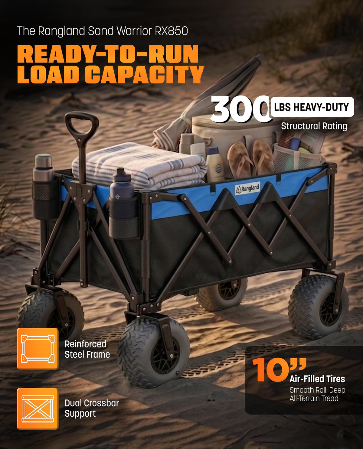 RX850 oversized 10x5 balloon wheels provide superior flotation on soft sand.