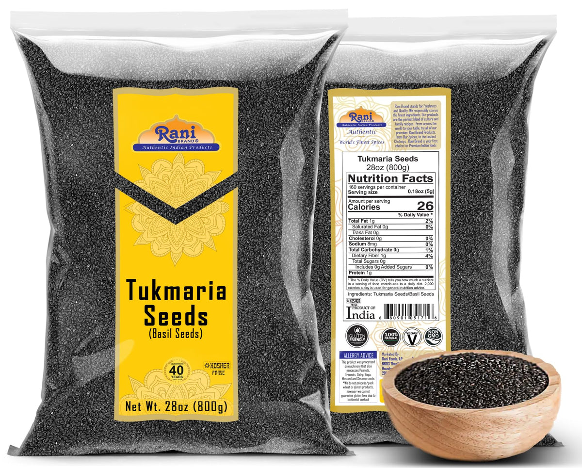 Rani Tukmaria seeds with product label emphasizing authenticity and Kosher status.