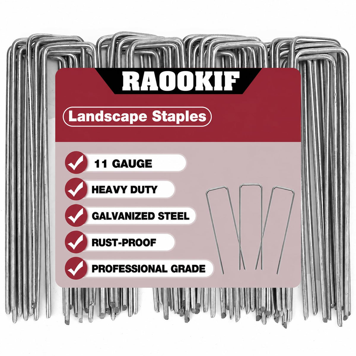 RAOOKIF 12inch galvanized stakes securing irrigation hoses and edging.