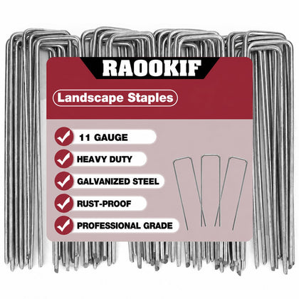 RAOOKIF 12inch galvanized stakes securing irrigation hoses and edging.
